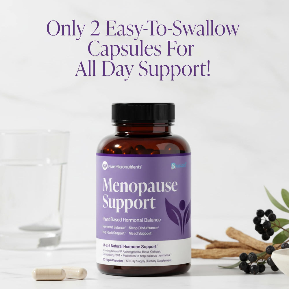 Pure Micronutrients menopause bottle with glass implies measured dosing