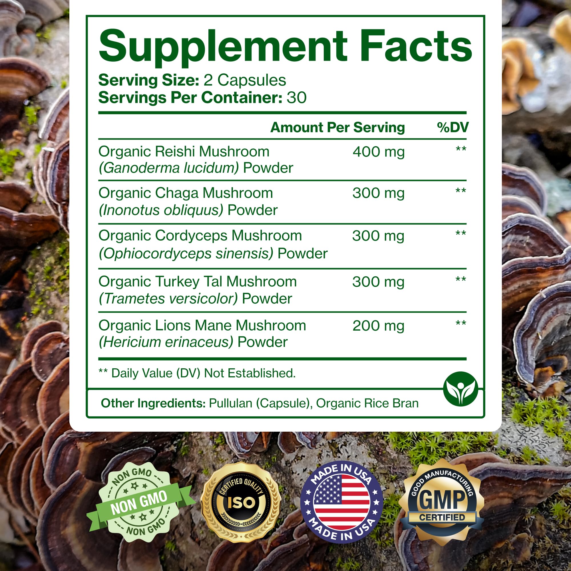 Pure Micronutrients mushroom-complex label showcases 5-species formula.