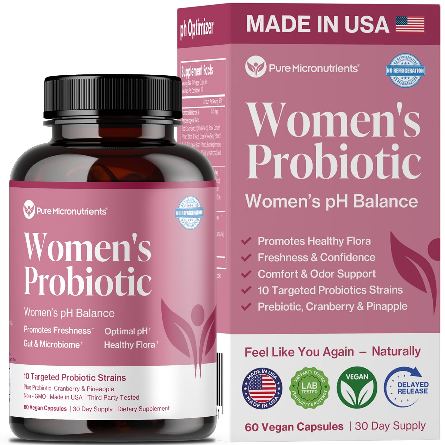Pure Micronutrients pH balance probiotic capsules on white background for daily wellness