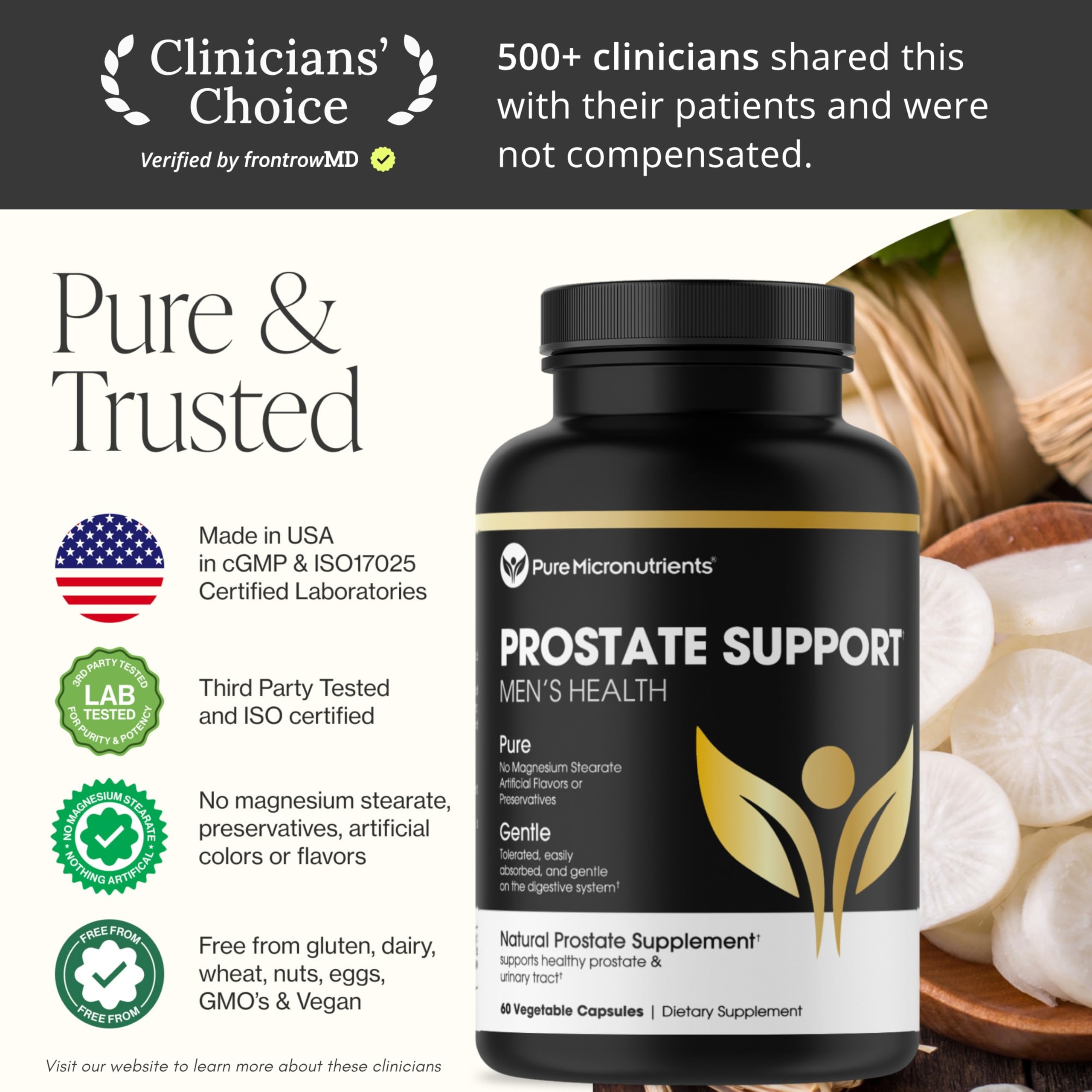 Pure Micronutrients Prostate Health bottle with water illustrates convenient intake