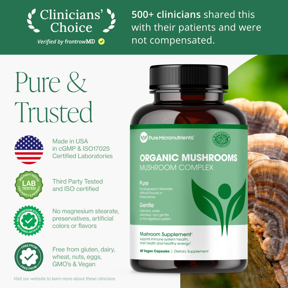 Pure Micronutrients Reishi capsules positioned for daily energy and mental focus.
