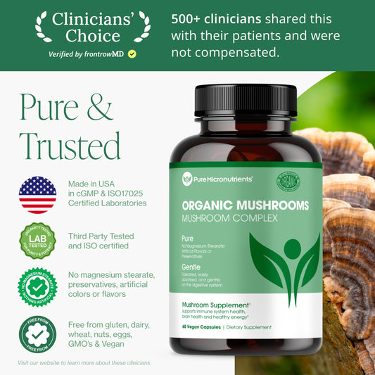 Pure Micronutrients Reishi capsules positioned for daily energy and mental focus.
