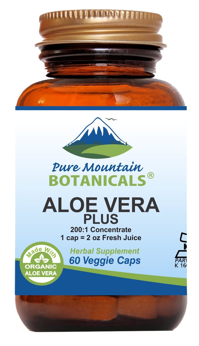 Pure Mountain Botanicals Aloe Vera Plus capsules bottle front view, digestion-friendly formula