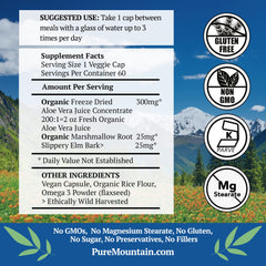 Pure Mountain Botanicals Aloe Vera Plus label close-up highlighting kosher organic ingredients