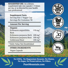 Pure Mountain Botanicals Echinacea Goldenseal capsules label close-up shows organic ingredients.