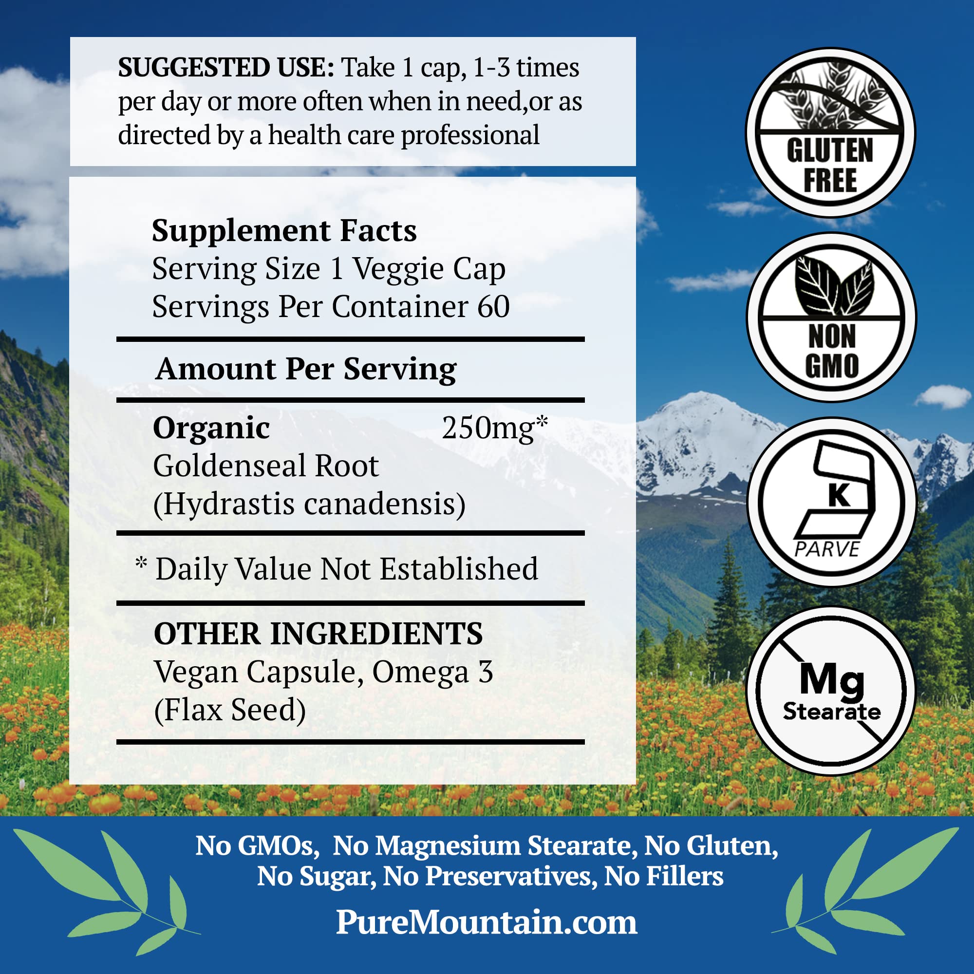 Pure Mountain Botanicals Goldenseal capsules bottle closeup showing 250 mg potency.