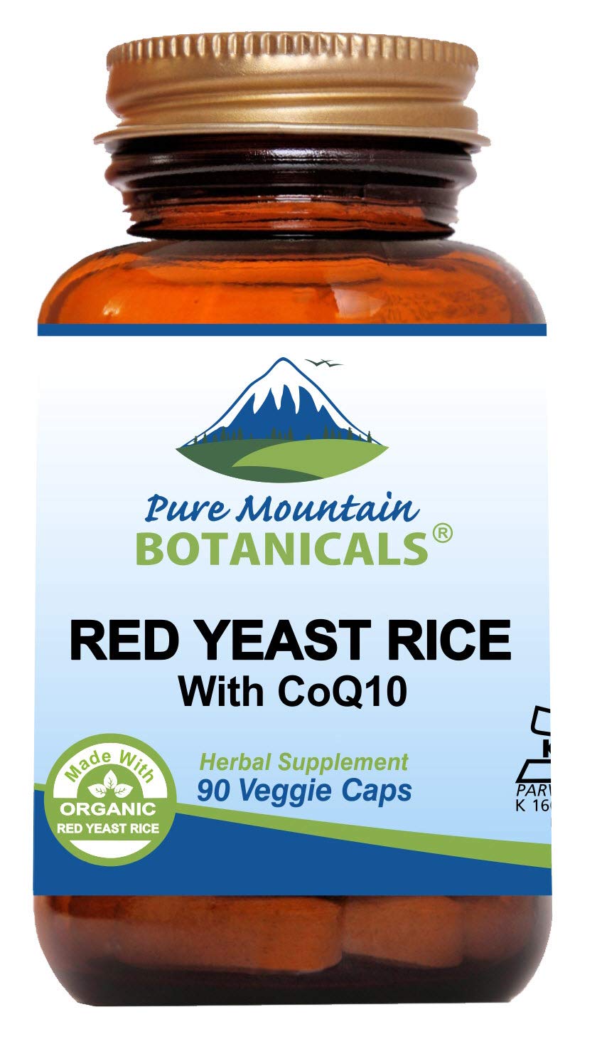 Pure Mountain Botanicals red yeast rice with CoQ10 bottle display highlighting a clean label