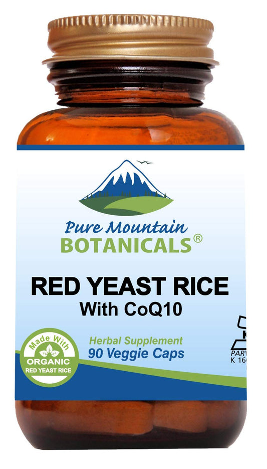 Pure Mountain Botanicals red yeast rice with CoQ10 bottle display highlighting a clean label