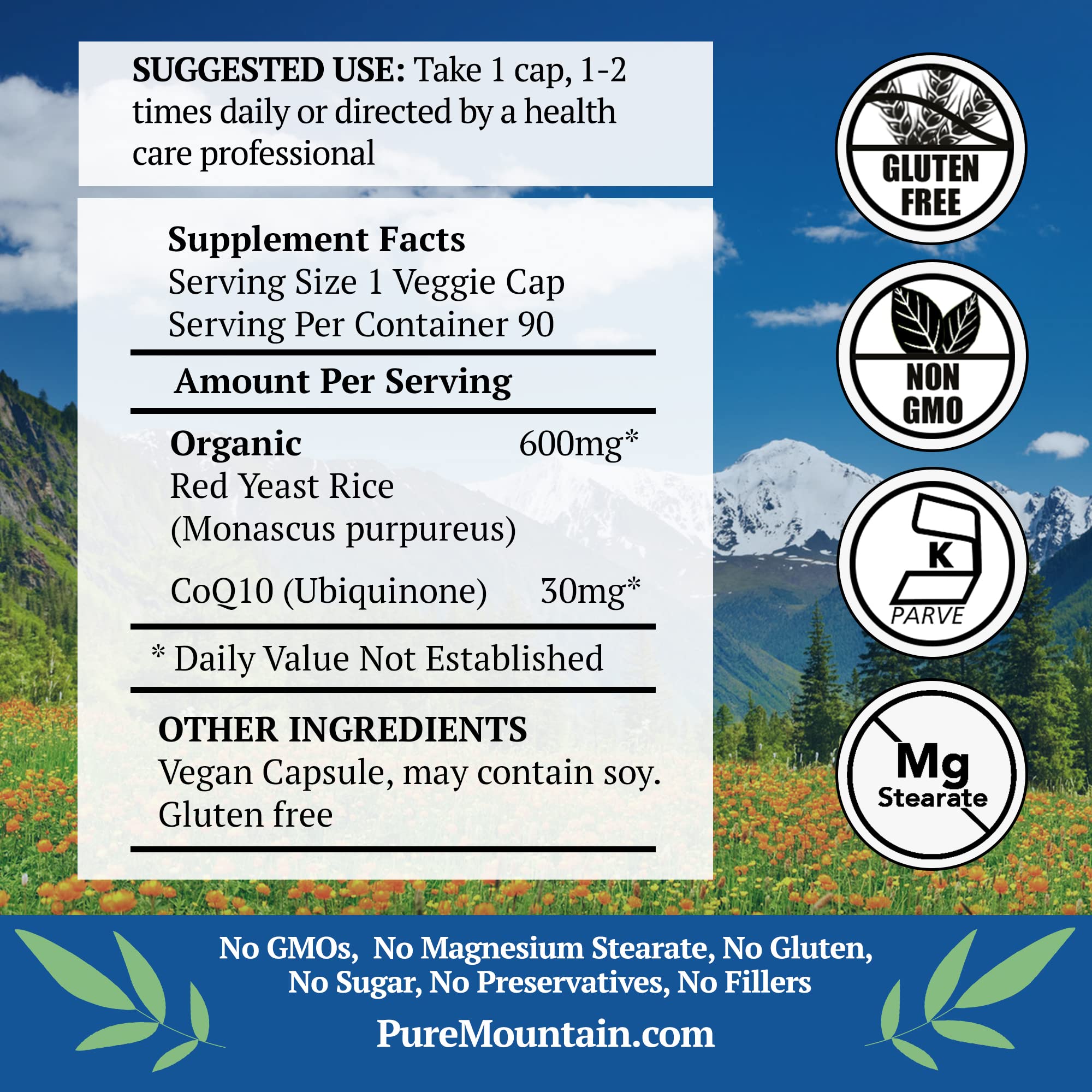 Pure Mountain Botanicals red yeast rice CoQ10 capsules closeup shows vegan formula