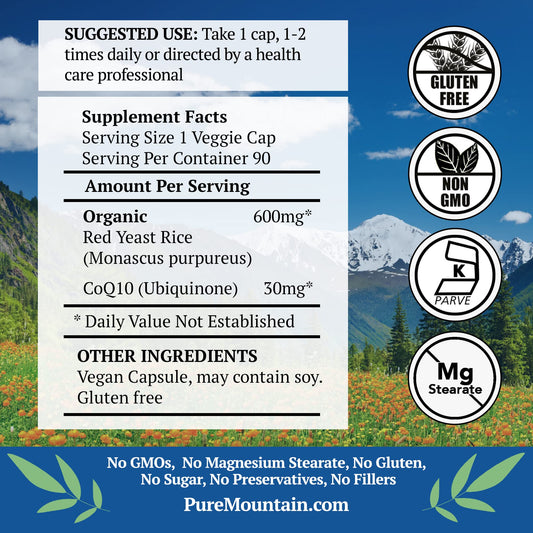 Pure Mountain Botanicals red yeast rice CoQ10 capsules closeup shows vegan formula