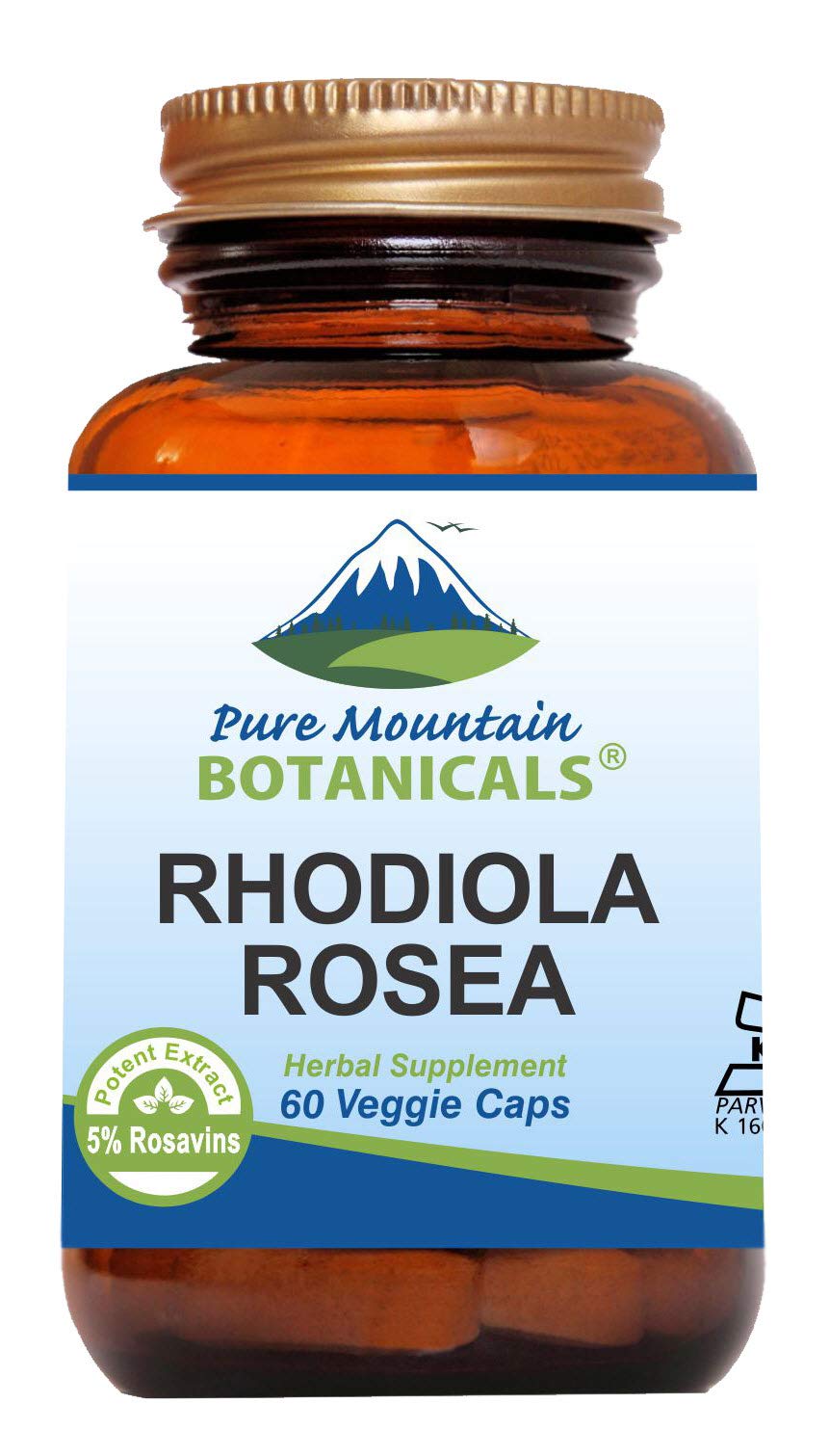 Pure Mountain Botanicals Rhodiola bottle shows 60 vegan capsules for daily support