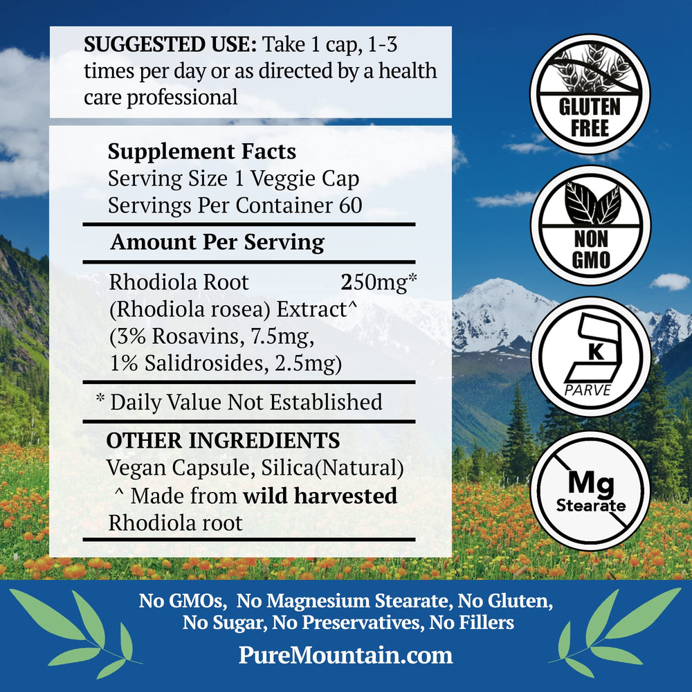 Rhodiola capsules on a clean label signaling potency and pure extract