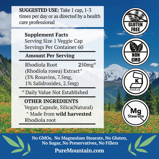 Rhodiola capsules on a clean label signaling potency and pure extract