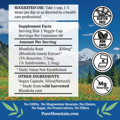 Rhodiola capsules on a clean label signaling potency and pure extract