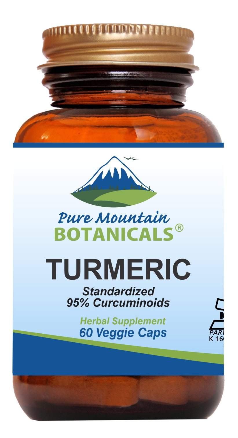 Pure Mountain Botanicals turmeric capsules bottle front, vegan and kosher daily wellness support.