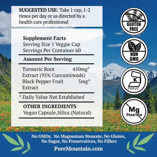 Pure Mountain Botanicals turmeric capsules pour demonstrates easy-to-swallow daily supplement.