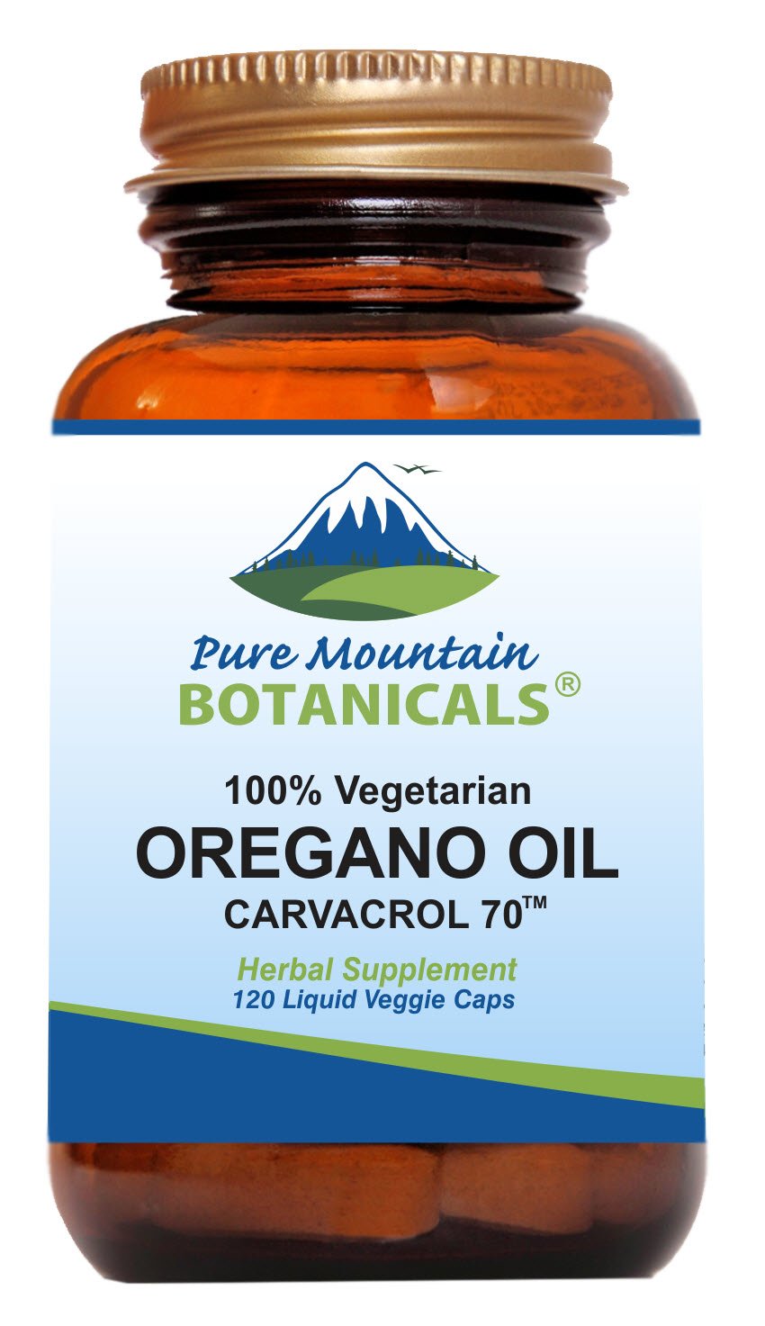 Pure Mountain Botanicals Wild Oregano Oil Capsules bottle with vegan capsules and potent carvacrol for daily wellness