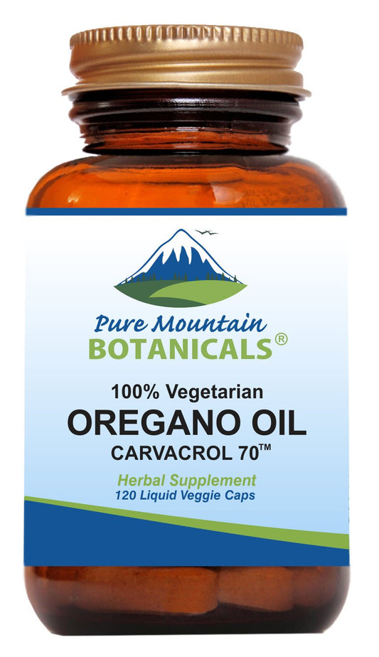 Pure Mountain Botanicals Wild Oregano Oil Capsules bottle with vegan capsules and potent carvacrol for daily wellness