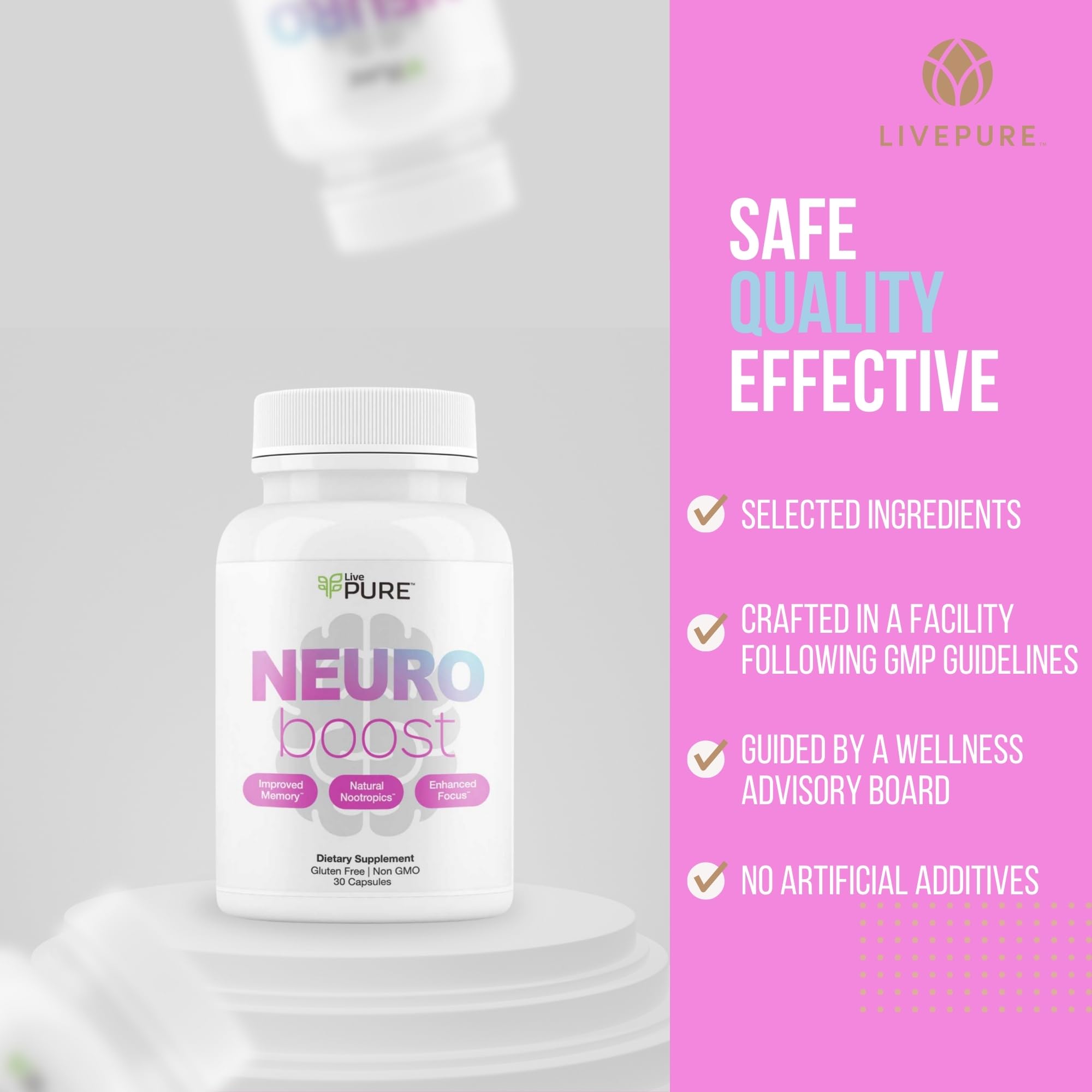 Bottle with glass of water showing easy daily dosage.