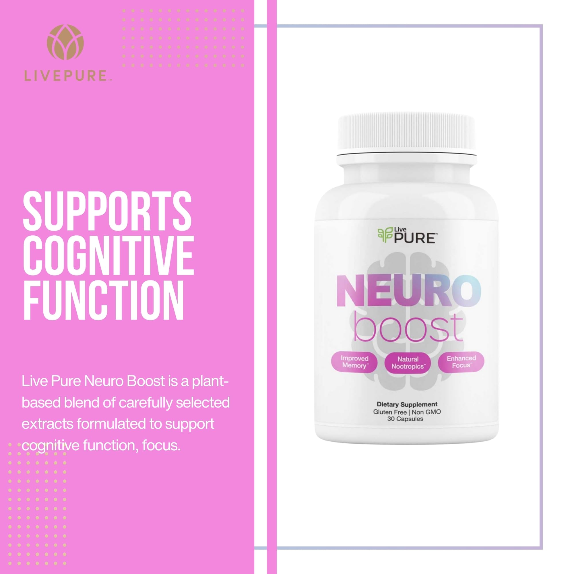 Close-up of Pure Neuro Boost capsules highlighting plant-based ingredients for focused energy.