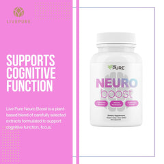 Close-up of Pure Neuro Boost capsules highlighting plant-based ingredients for focused energy.