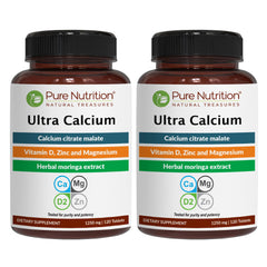 Pure Nutrition Ultra Calcium bottle closeup highlighting calcium citrate malate for easy absorption