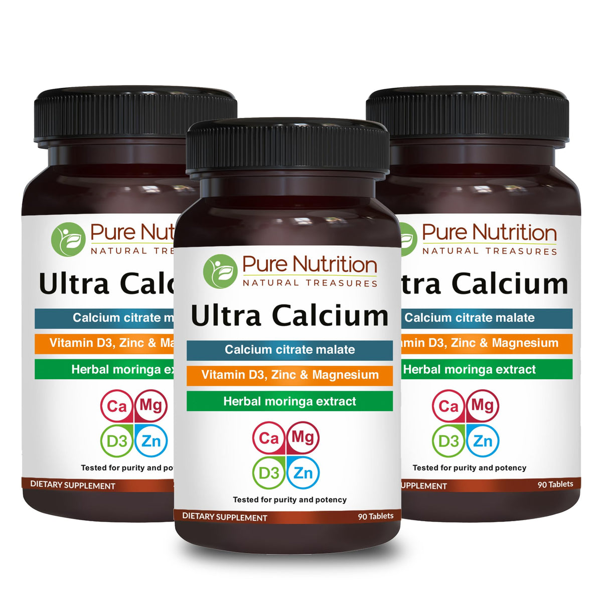 Pure Nutrition Ultra Calcium bottle label with calcium citrate malate and vitamins for daily support.
