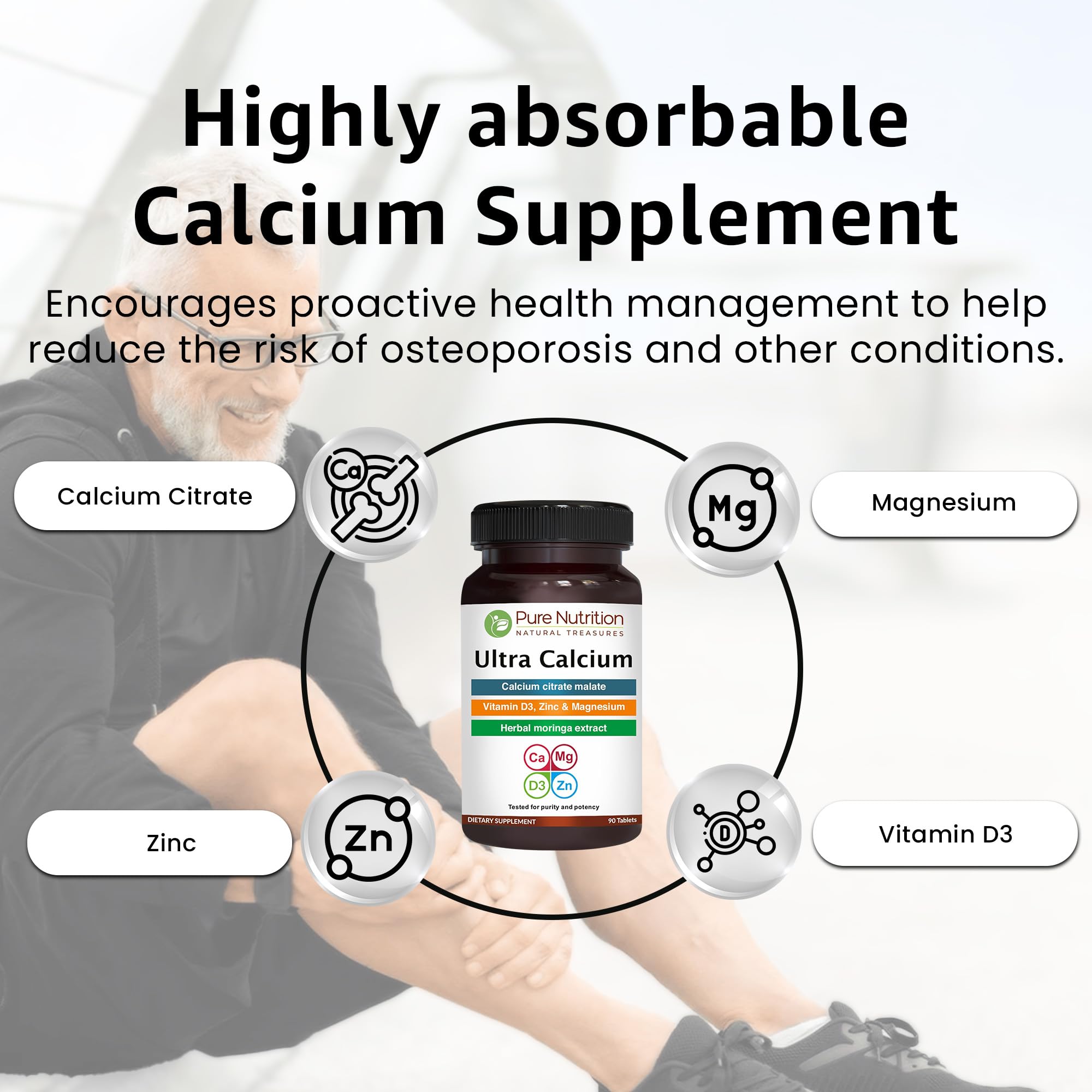 Pure Nutrition Ultra Calcium bottle features moringa imagery for natural wellness.