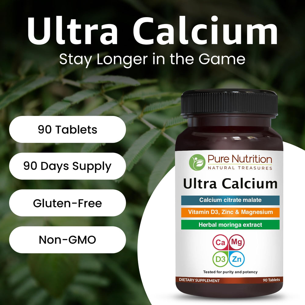 Pure Nutrition Ultra Calcium 270-tablet box highlights 90x3 pack.