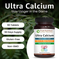 Pure Nutrition Ultra Calcium 270-tablet box highlights 90x3 pack.