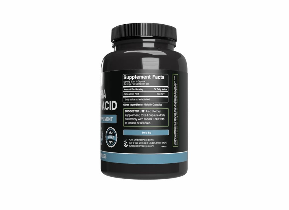 Pouring Pure Original Ingredients Alpha Lipoic Acid capsules from the bottle.
