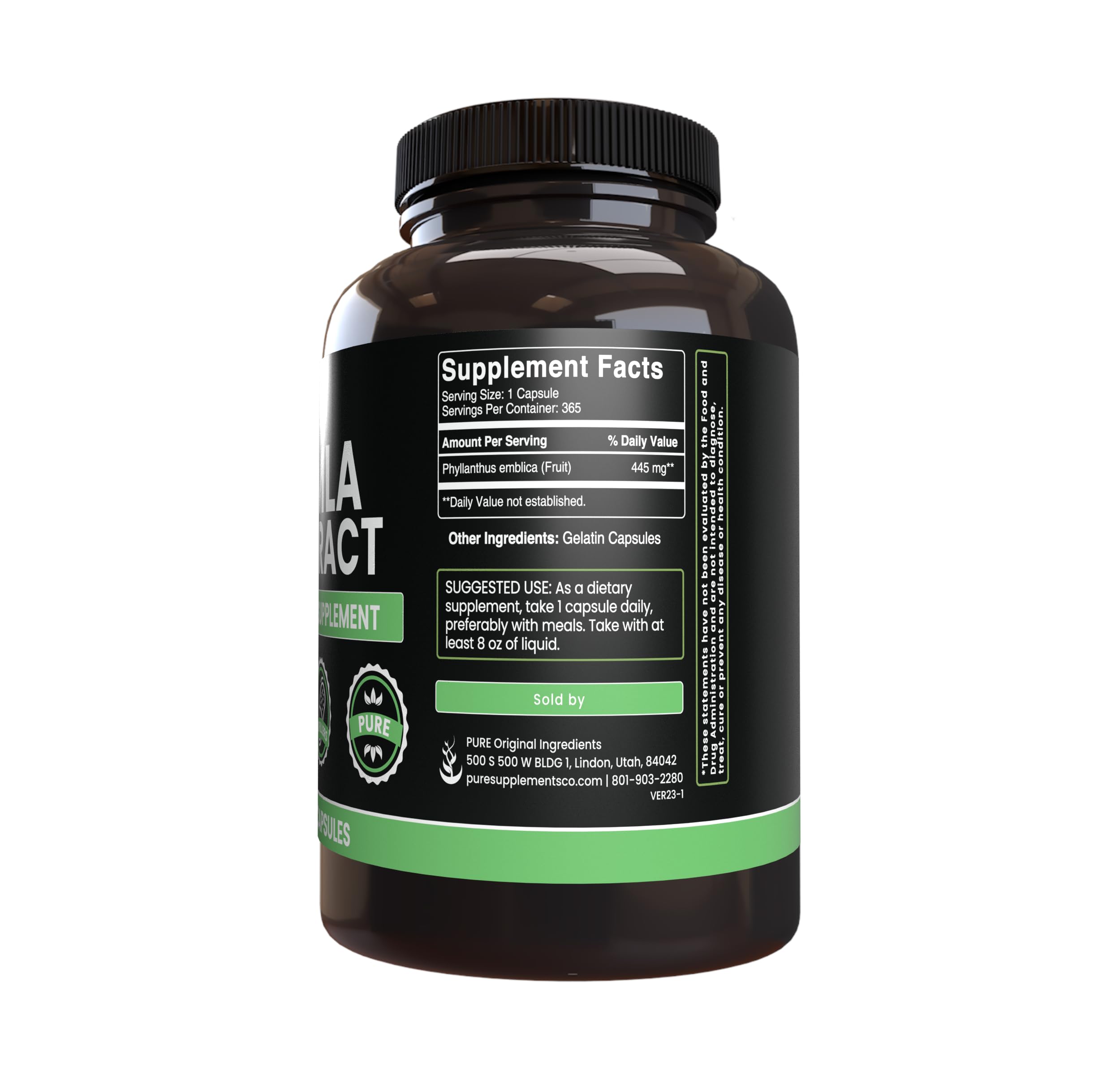 Closeup of amla extract capsules showing clean ingredients.