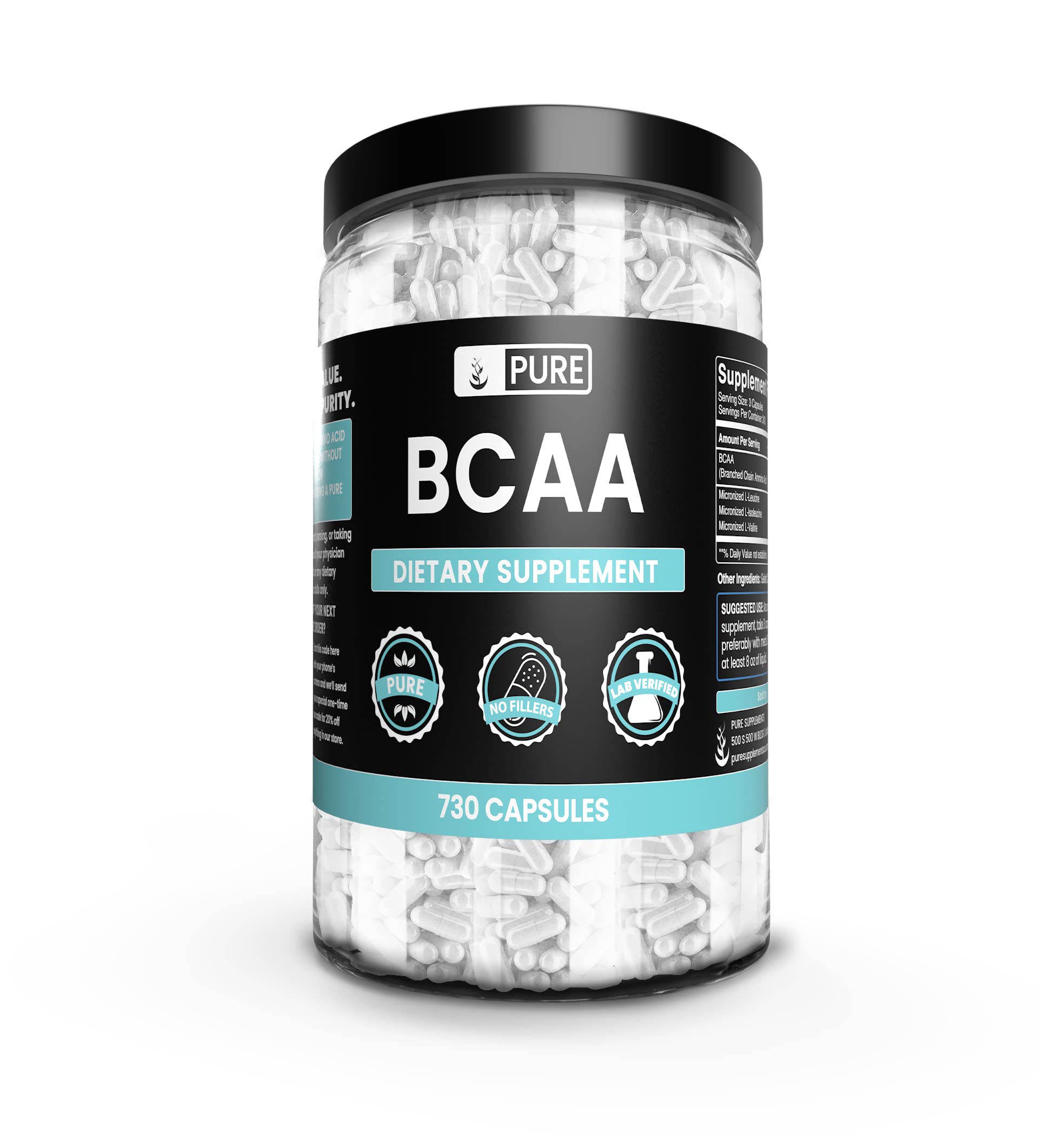 Pure Original Ingredients BCAA bottle with 730 capsules for daily supplementation