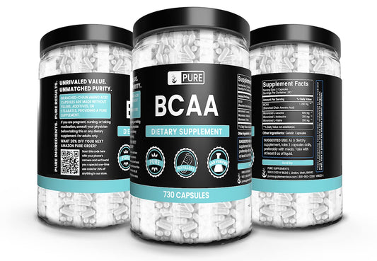Close-up of BCAA capsules displaying pure amino acid blend