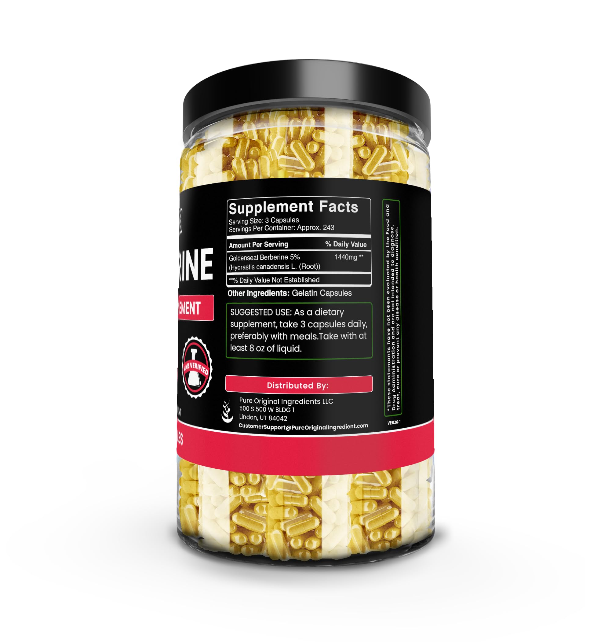 Closeup of Pure Original Ingredients Berberine capsules for easy ingestion.
