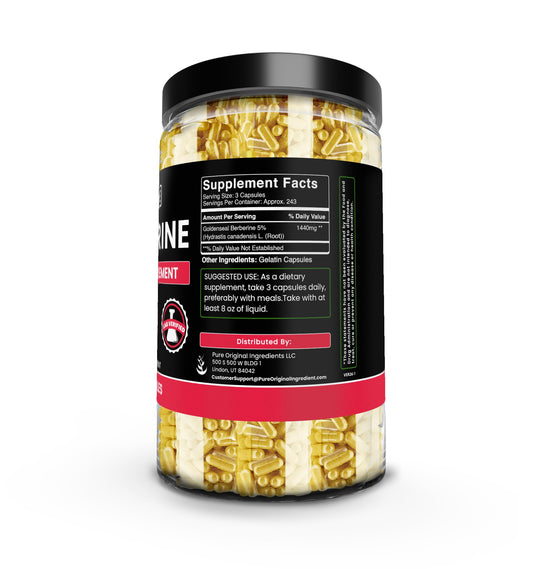 Closeup of Pure Original Ingredients Berberine capsules for easy ingestion.