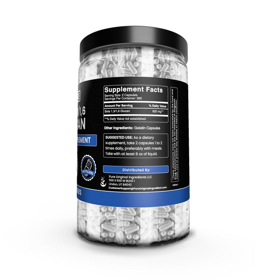 Pure Original Ingredients Beta Glucan 730-count bottle side, clean label with no fillers.