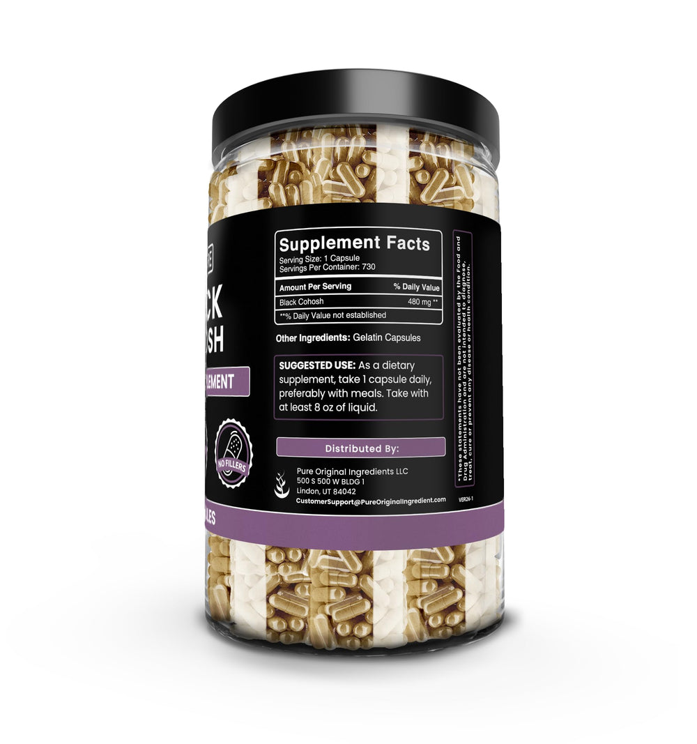 Closeup of Pure Original Ingredients Black Cohosh capsule for quality and purity.