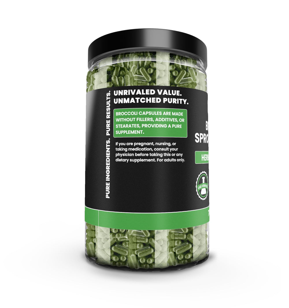 Pure Original Ingredients broccoli extract capsules close-up emphasizing single-ingredient purity