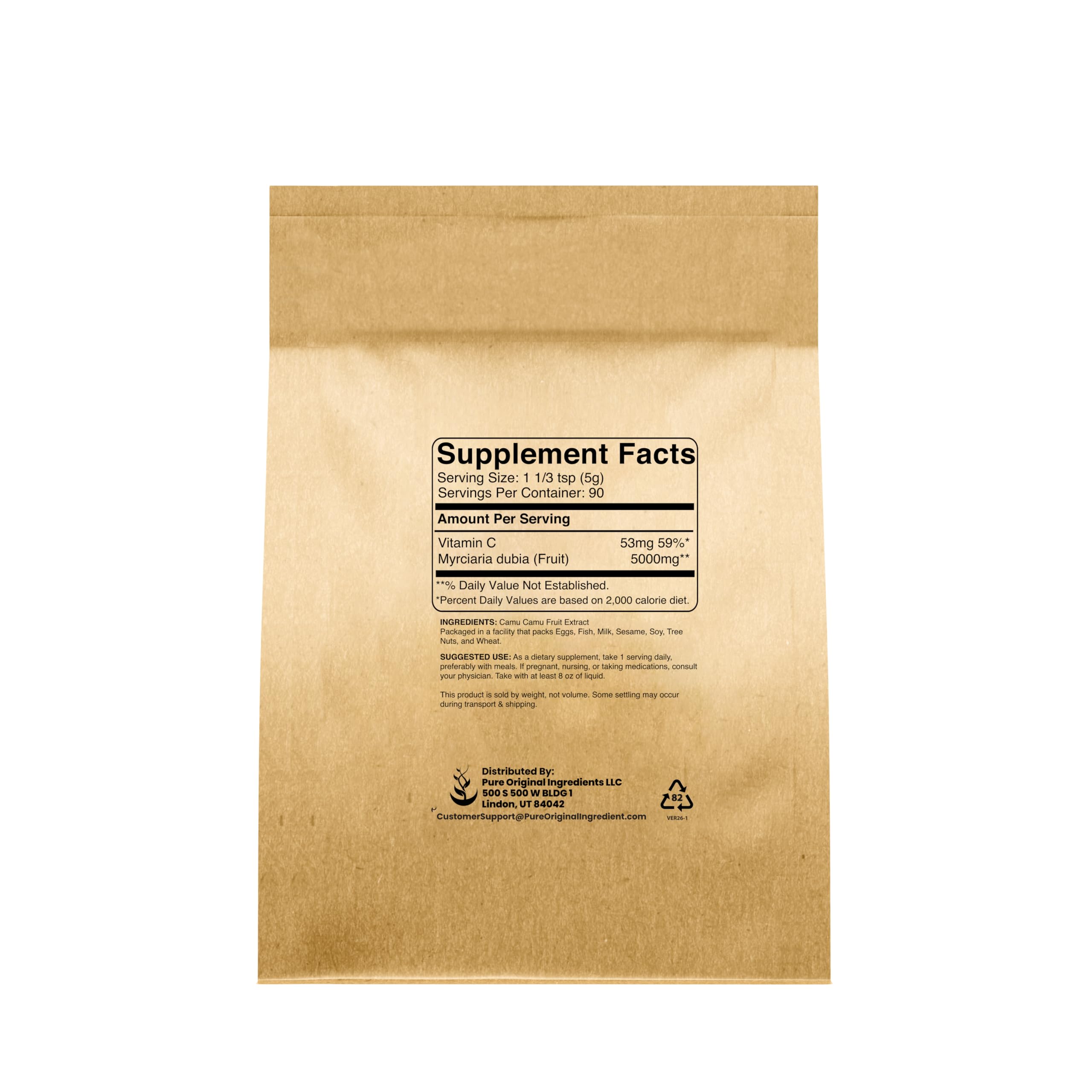 PURE ORIGINAL INGREDIENTS Camu Camu powder scoop highlights additive-free supplementation