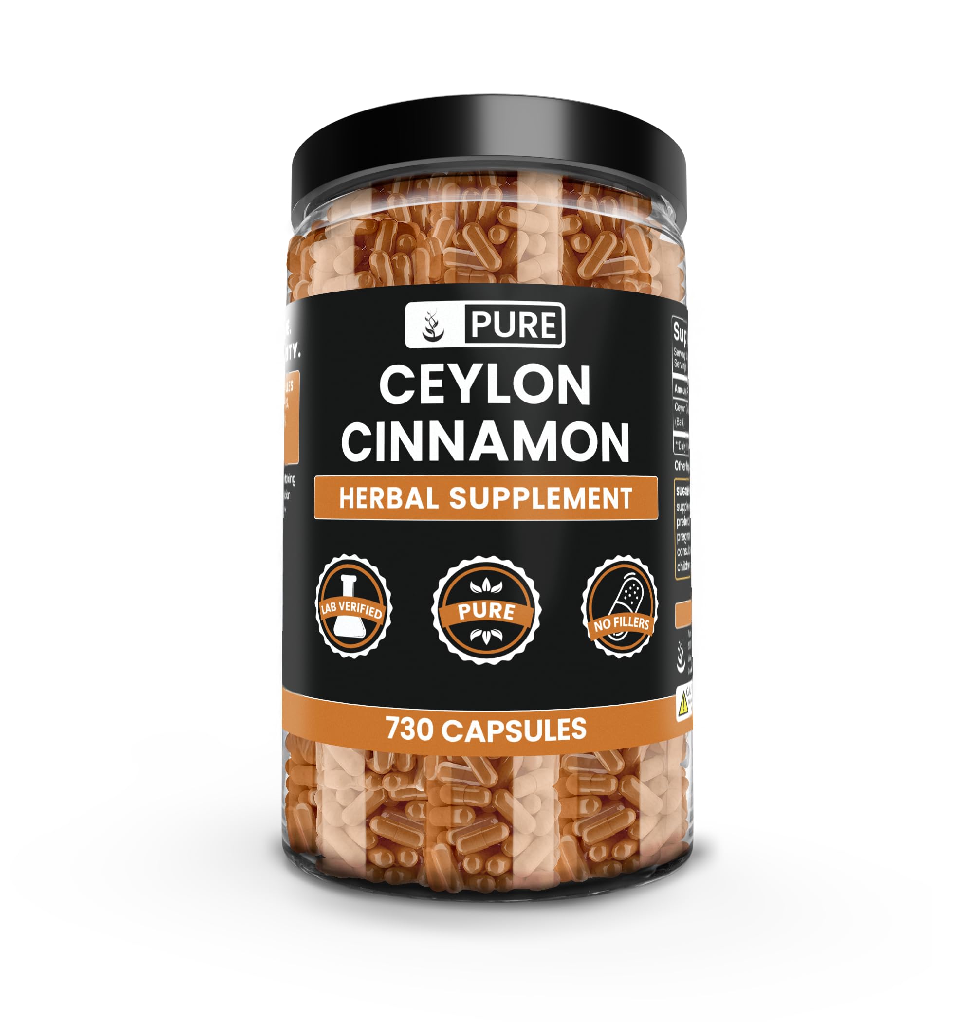 PURE ORIGINAL INGREDIENTS Ceylon Cinnamon bottle for convenient daily supplementation.