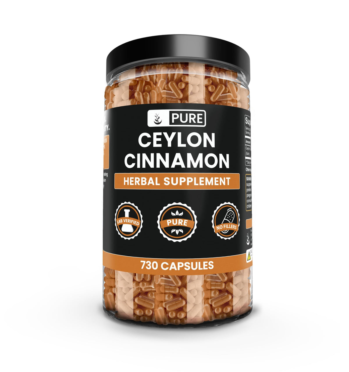 PURE ORIGINAL INGREDIENTS Ceylon Cinnamon bottle for convenient daily supplementation.
