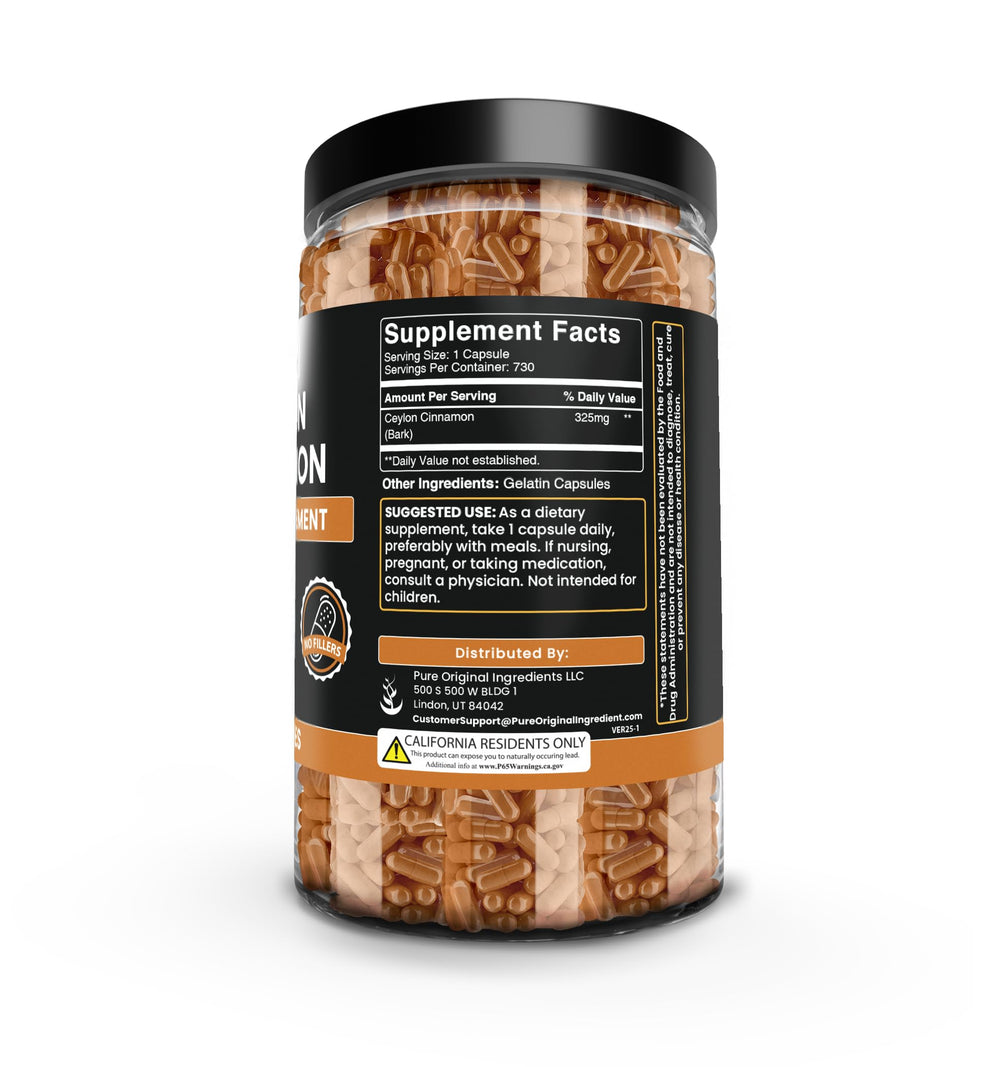 PURE ORIGINAL INGREDIENTS Ceylon Cinnamon label highlights lab verified purity.