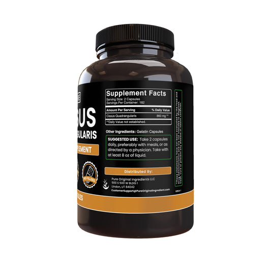 Pure Original Ingredients Cissus Quadrangularis capsules on a clean surface for an easy daily supplement.