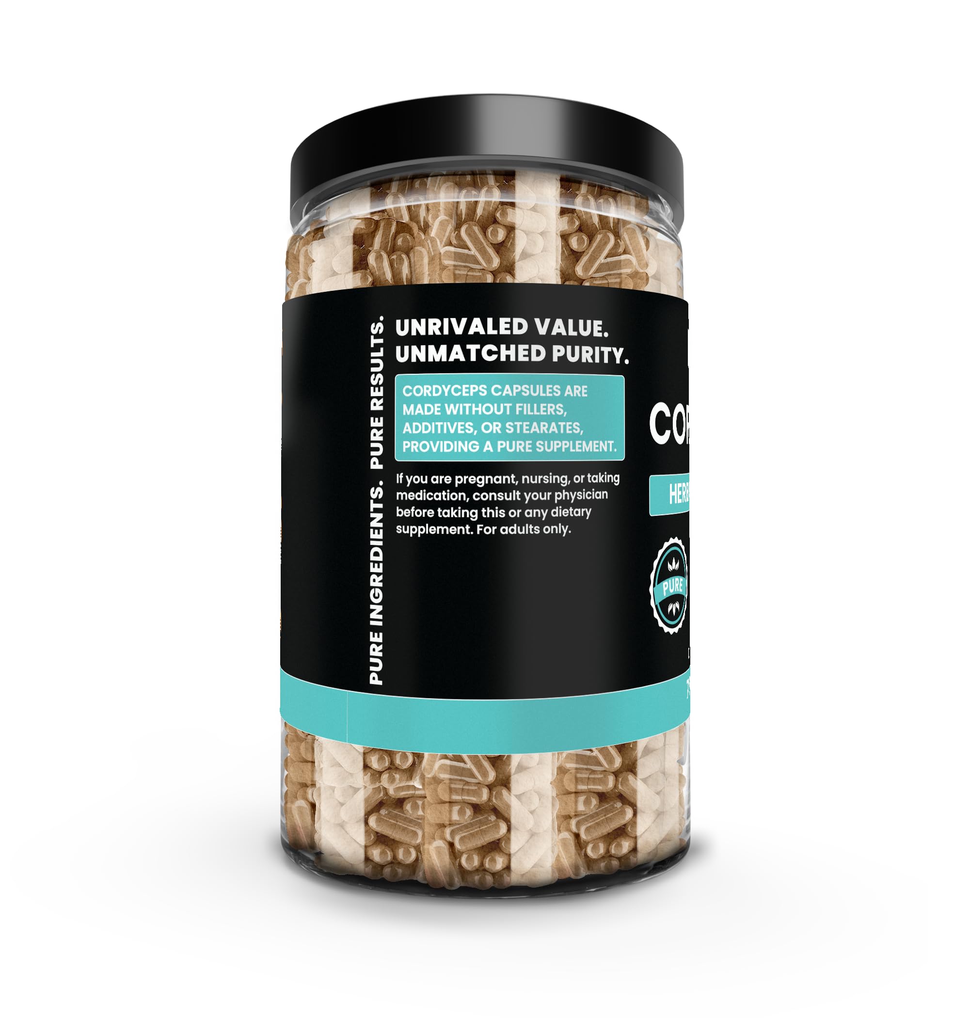Pure Original Ingredients Cordyceps label closeup showing purity and US packaging origin