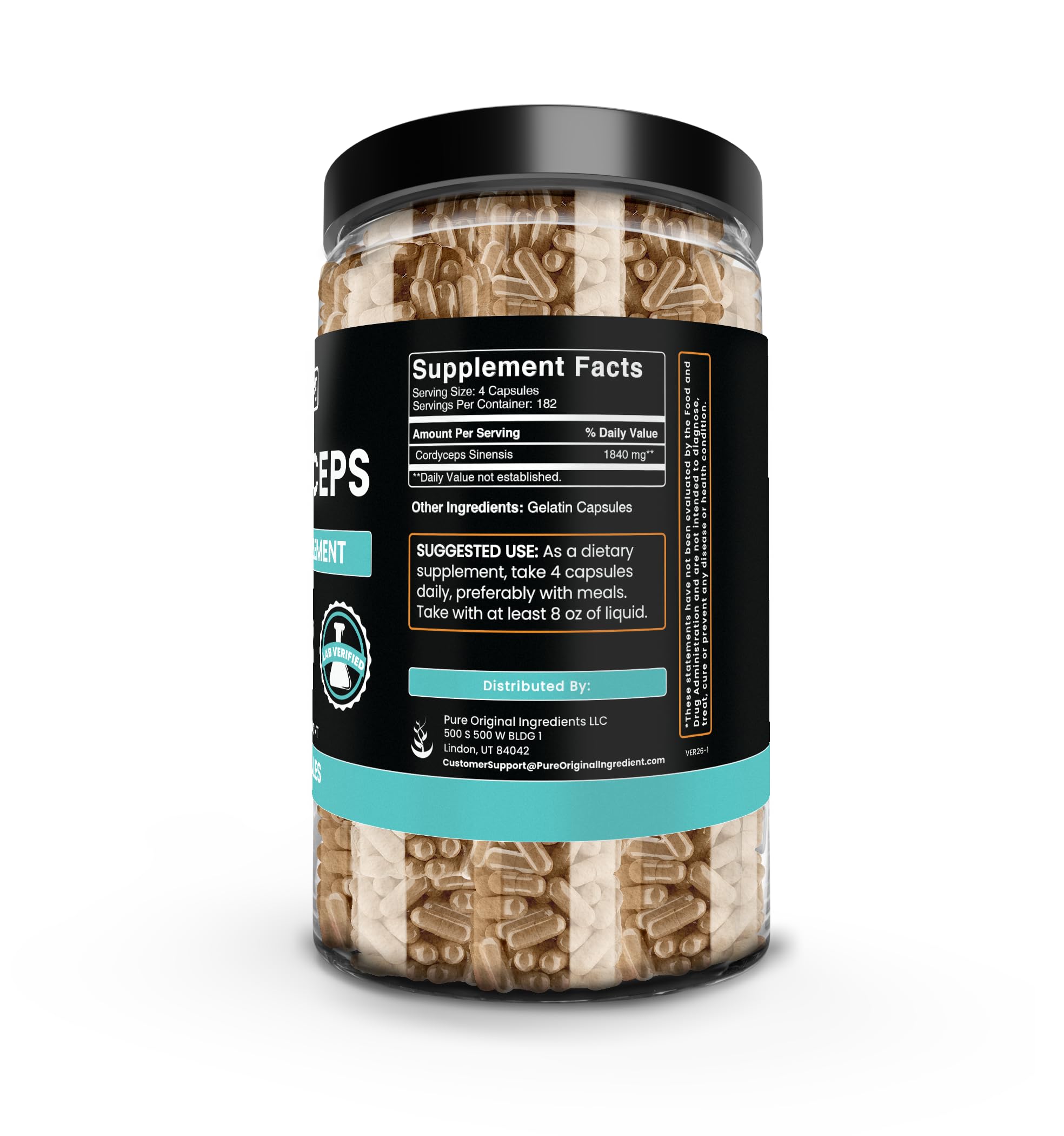Pure Original Ingredients Cordyceps packaging highlighting additive-free formula