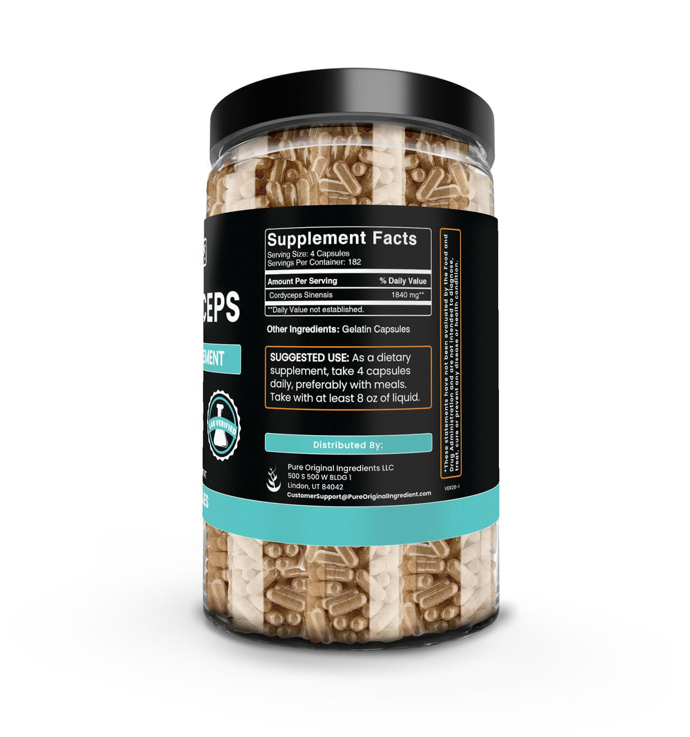 Pure Original Ingredients Cordyceps packaging highlighting additive-free formula