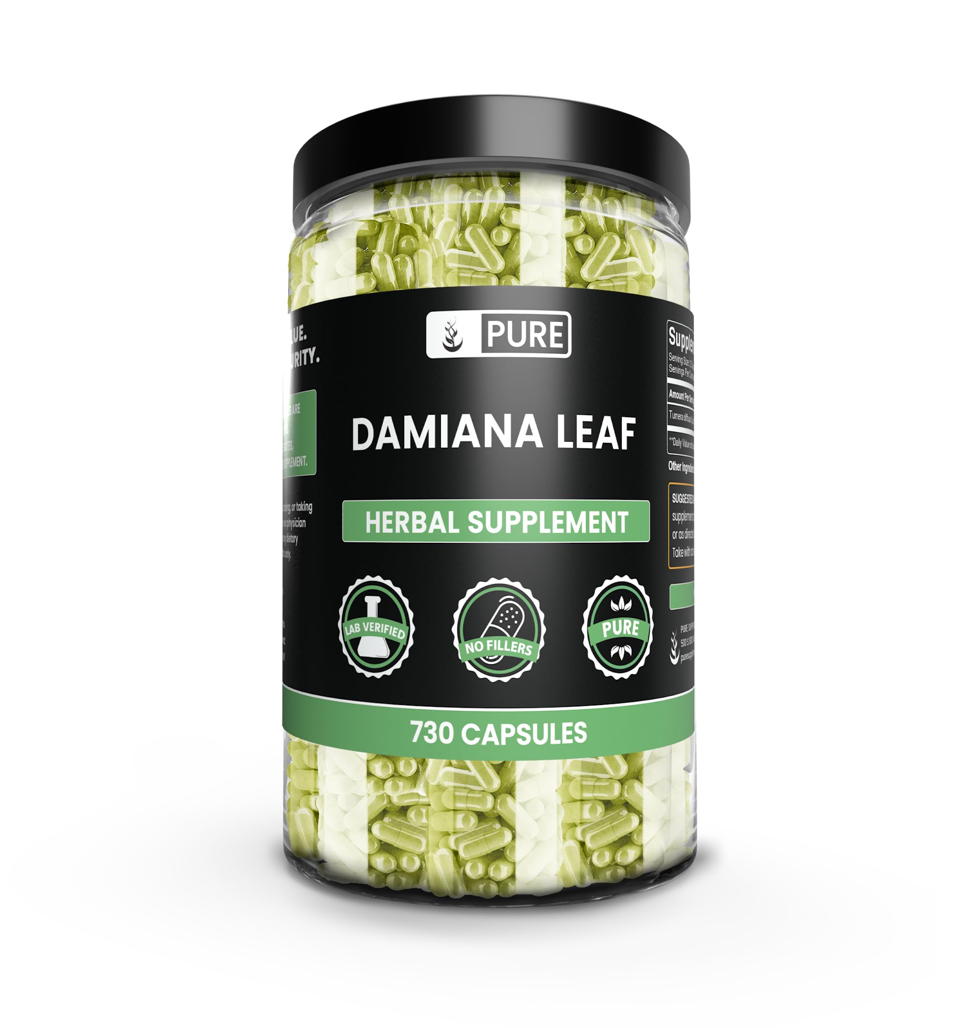 Pure Original Ingredients Damiana leaf capsules bottle on a clean surface for daily wellness.