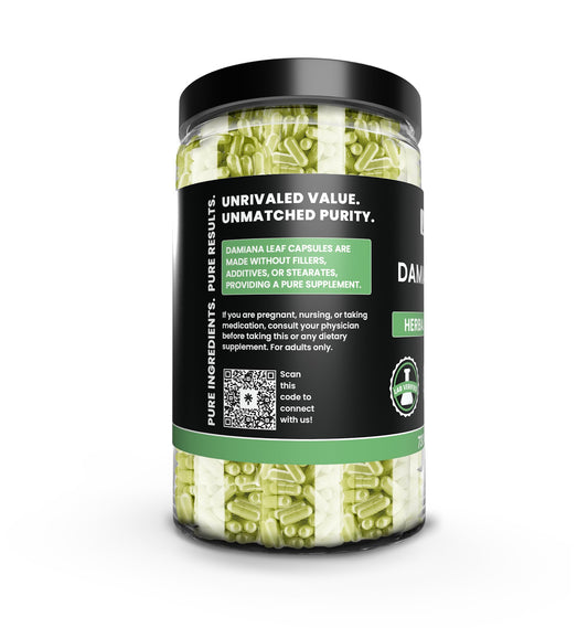 Pure Original Ingredients Damiana leaf capsules closeup showing pure, additive-free capsules for daily wellness.