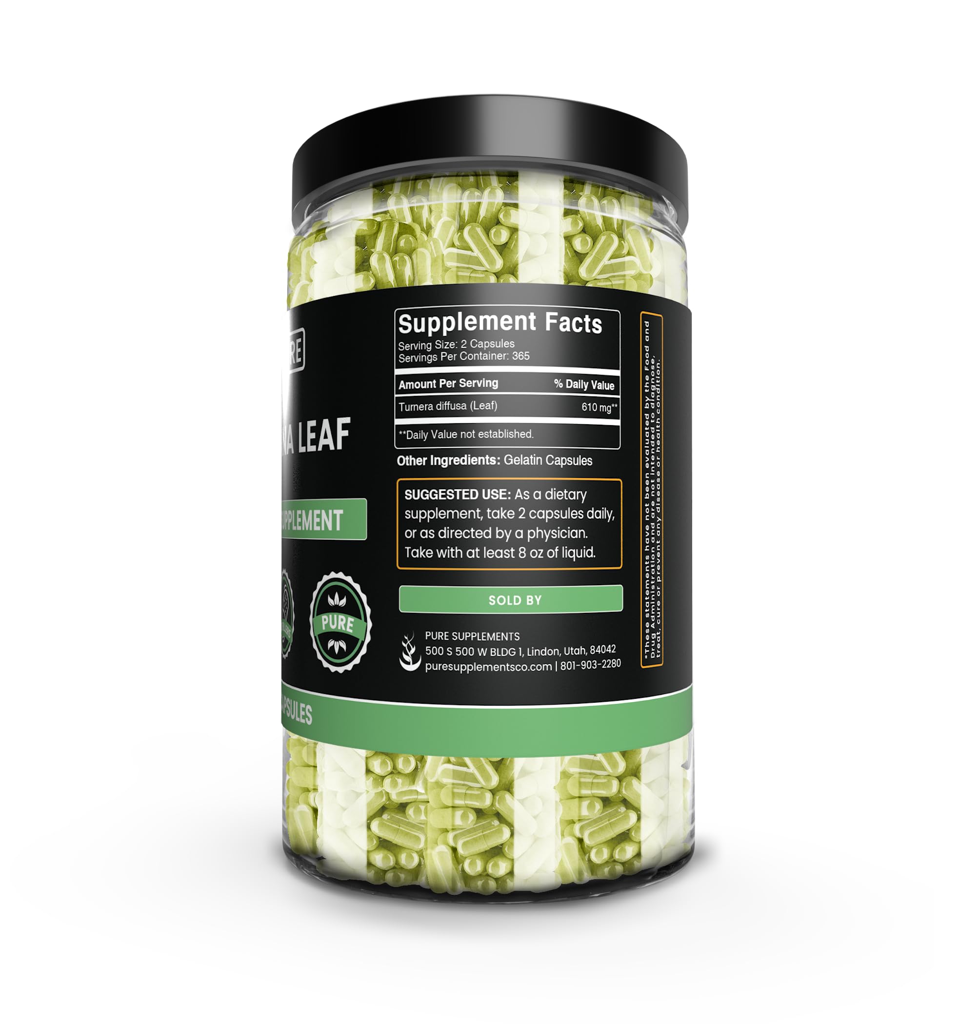 Damiana leaf capsules packaging by Pure Original Ingredients, convenient 730-count bottle.